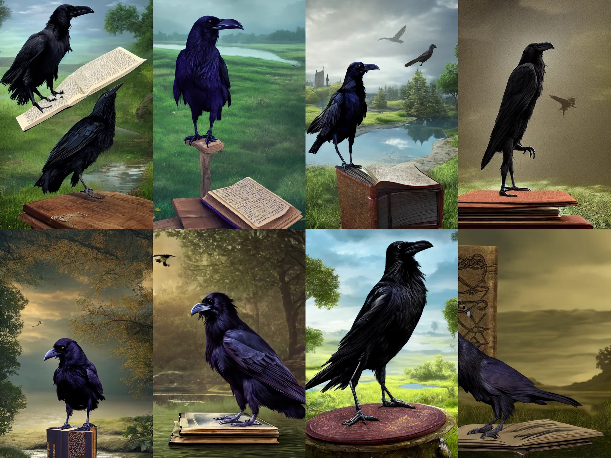 Prompt: a raven stands on an old celtic book, a pond in the background, art by pixar, high detail, cinematic, cgsociety 8k