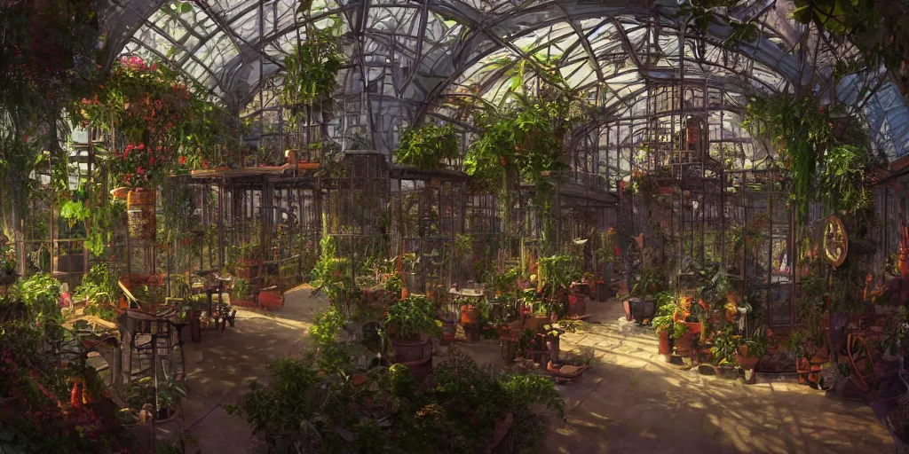 Image similar to steampunk greenhouse interior, colorful, 3 d scene, render, greg rutkowski, zabrocki, karlkka, jayison devadas, trending on artstation, 8 k, ultra wide angle, zenith view, pincushion lens effect