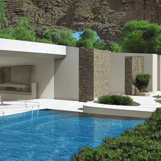 Image similar to architectural rendering of brutalism building in the desert, biophilia style, pool, garden