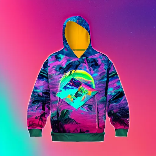 Prompt: product mockup photography of an all over print hoodie in Vaporwave style, 4K high resolution studio photo