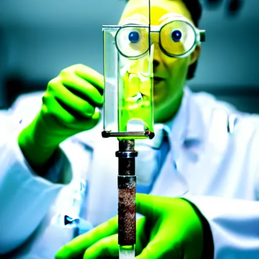 Image similar to a kiwifruit wearing a lab coat and goggles holding a test tube in a science lab, digital art, 8k, trending on artstation