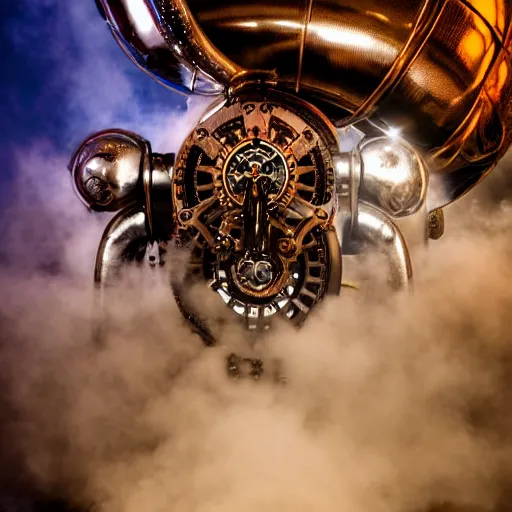 Image similar to a clockwork mechanical bull there are gears sticking out of the mechanical bull steam emanates from the robotic bull and thick clouds of steam swirl around the clockwork bull, ultra high detail, high particle effects, highly reflective surface, realistic reflections