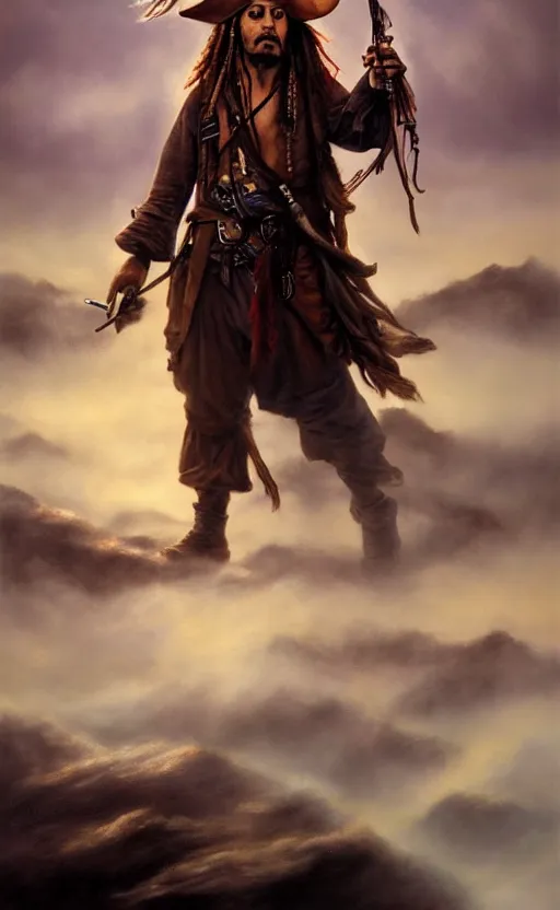 Prompt: a beautiful painting of jack sparrow in the style of wanderer above the sea of fog, featured on artstation