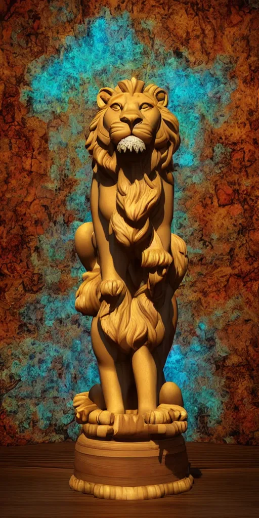 Prompt: a lion statue sitting on top of a wooden table, a 3 d render by jeremy henderson, behance contest winner, psychedelic art, behance hd, rendered in cinema 4 d, psychedelic