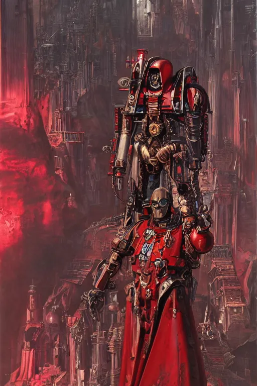 Prompt: portrait of adeptus mechanicus in red hood and robe from Warhammer 40000. Highly detailed, artstation, illustration by Karl Kopinski and Adrian Smith and John Blanche and zdislav beksinski and wayne barlowe