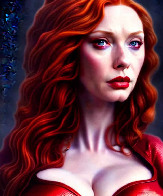 Prompt: christina hendricks as scarlet witch, beautiful face, highly detailed face!!!, blue eyes, big breasts!!, opened dress, true anatomy!, extremely detailed!, digital painting, unreal engine 5, art by tom bagshaw