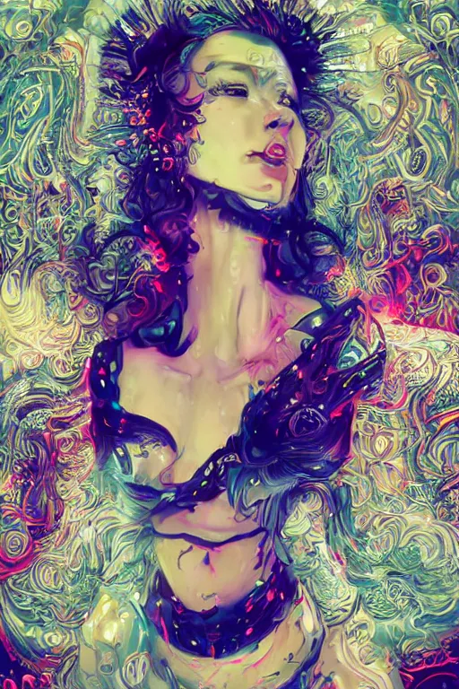 Image similar to An extremely beautiful neon-noir kawaii ornate highly detailed HD portrait of a young attractive woman with a silky bio-luminiscent holographic dress, neo-cyberpunk, professionally painted digital art illustration, smooth, sharp focus, atmospheric lighting, highly detailed illustration highlights, golden ratio, symmetrical facial features, extremely detailed winning award masterpiece, very coherent symmetrical artwork, sense of awe, 8K post-processing, trending on artstation flawless, prismatic highlights, telephoto, depth of field, cinematic, macro, concept art, wepa digital, elegant, epic, octane render, v-ray, C4D