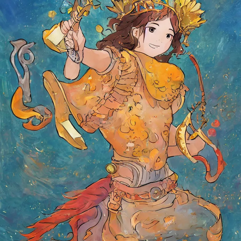 Prompt: young goddess, in goldfish armor, wielding a fish sword, symmetrical, painting in the style of studio ghibli