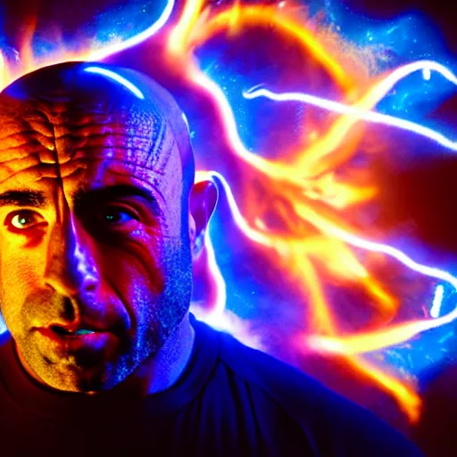 Image similar to uhd candid photo of cosmic joe rogan as a super sayian powering up, glowing, global illumination, studio lighting, radiant light, hyperdetailed, correct face, elaborate intricate costume. photo by annie leibowitz