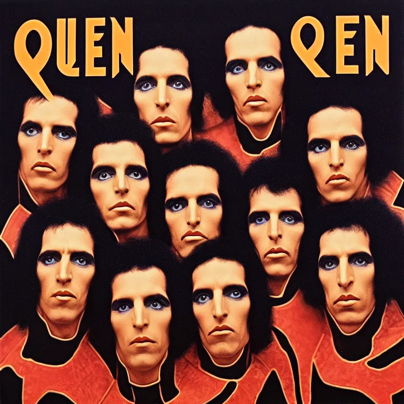 Image similar to queen II album cover, alien faces