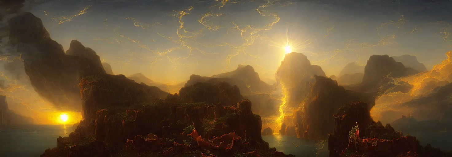 Image similar to a surreal and awe-inspiring thomas cole and albert Bierstadt digital art panoramic landscape painting at sunset of Icarus in a firey tailspin while Daedalus looks on in disbelief, unreal engine, 4k, matte