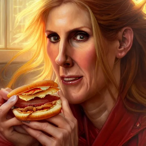 Prompt: Ann Coulter eating Wendy's baconators, closeup, D&D, fantasy, intricate, elegant, highly detailed, digital painting, artstation, concept art, matte, sharp focus, illustration, art by Artgerm and Greg Rutkowski and Alphonse Mucha