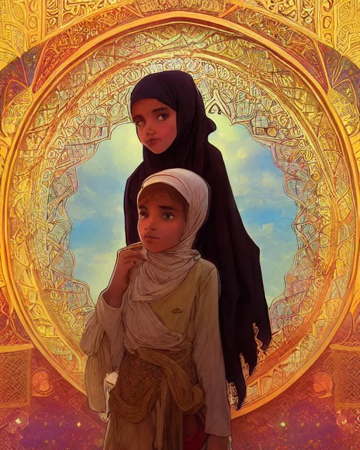 Image similar to a bedouin child infront of an big open quran highly detailed, gold filigree, romantic storybook fantasy, soft cinematic lighting, award, disney concept art watercolor illustration by mandy jurgens and alphonse mucha and alena aenami, pastel color palette, featured on artstation