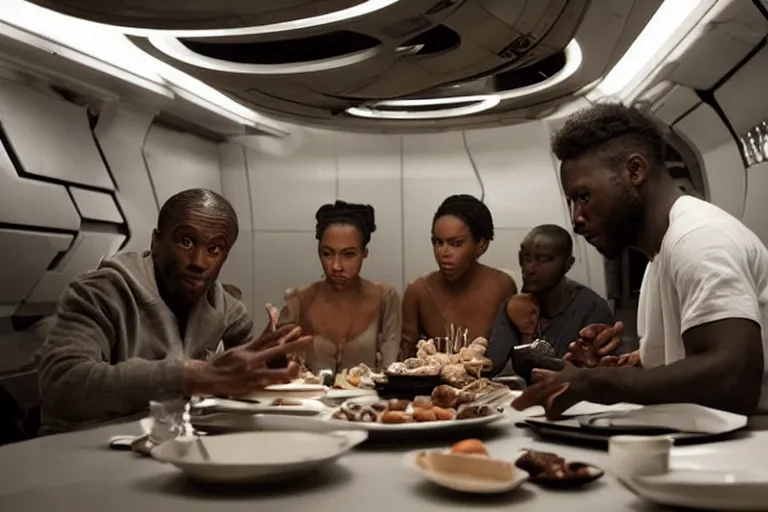 Image similar to movie closeup diverse interracial small team of European sci-fi futuristic space explorers talking at the table in a spaceship kitchen, beautiful skin, Symmetrical faces. Beautiful lighting by Emmanuel Lubezki