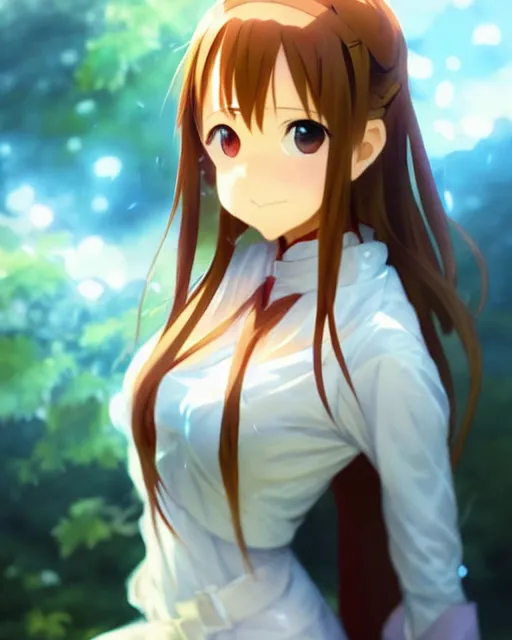 Image similar to very cute photo of asuna from sao, asuna by a - 1 pictures, by greg rutkowski, gil elvgren, enoch bolles, glossy skin, pearlescent, anime, very coherent