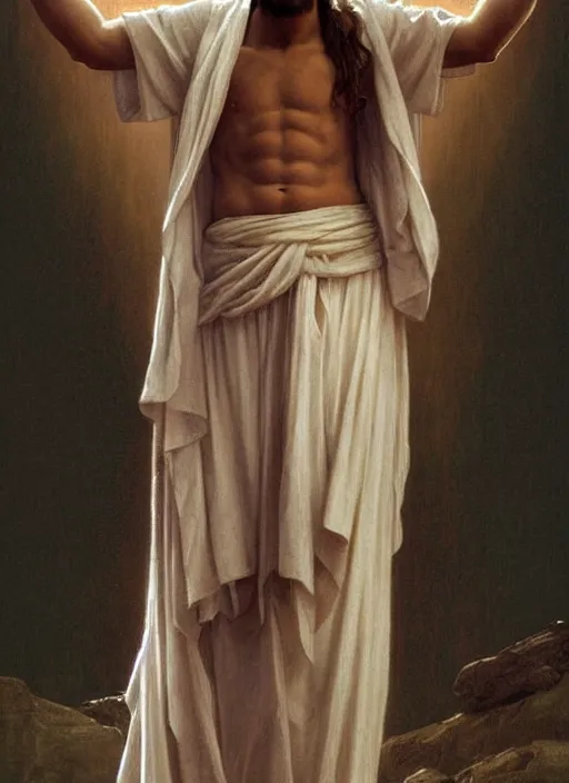 Prompt: portrait lionel messi as jesus in the cross, full length shot, shining, 8 k highly detailed, sharp focus, illustration, art by artgerm, mucha, bouguereau