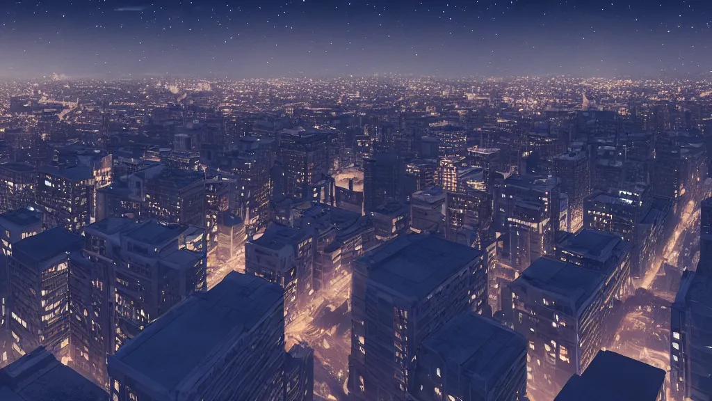 Image similar to view of a city from the top of a building at night, glowing stars, shooting star, dramatic lighting, 8k uhd, award winning, octane render, unreal engine