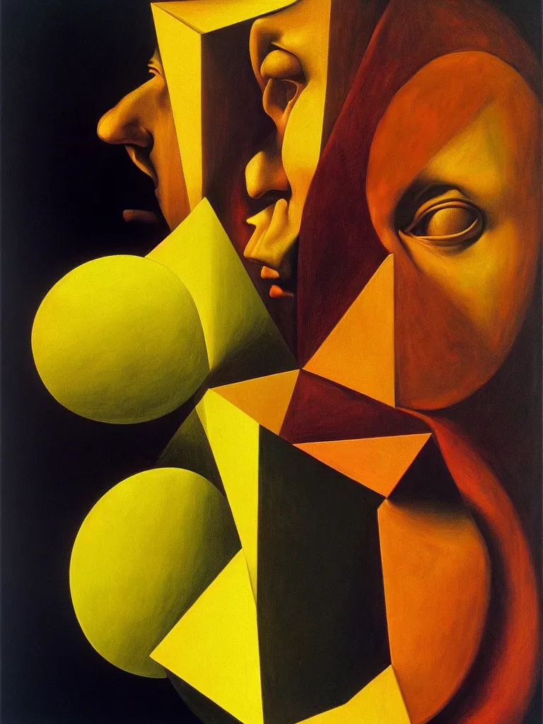 Image similar to hyperrealistic still life portrait of a mind recursively contemplating itself on lsd, sacred geometry tunnels, looking through a prism, by caravaggio and willem de kooning, surrealism, vivid colors, serene, golden ratio, rule of thirds, negative space, minimalist composition