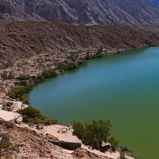 Image similar to lake meade completely empty while there is a draught, there are bones from a long dead animal near, a broken down car, and it looks like no one is around anymore, high resolution, photorealistic