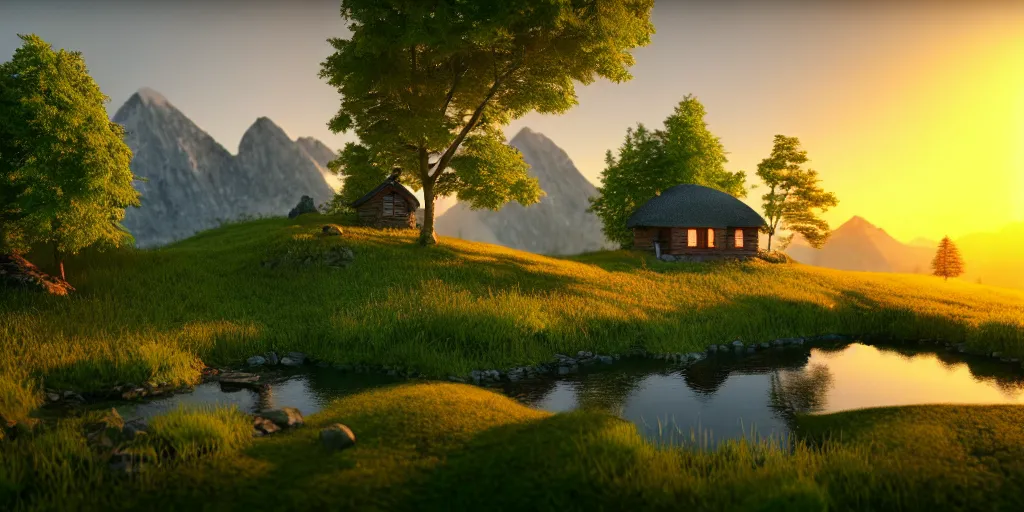 Image similar to a beautiful fantasy landscape, mountain in background, little cottage, small pond, some trees in the corner, sunrise, hyper realism, octane render