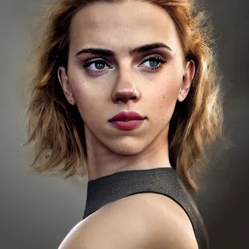 Image similar to a woman who is a genetic combination of scarlett johansson and emma watson face and upper - body focus