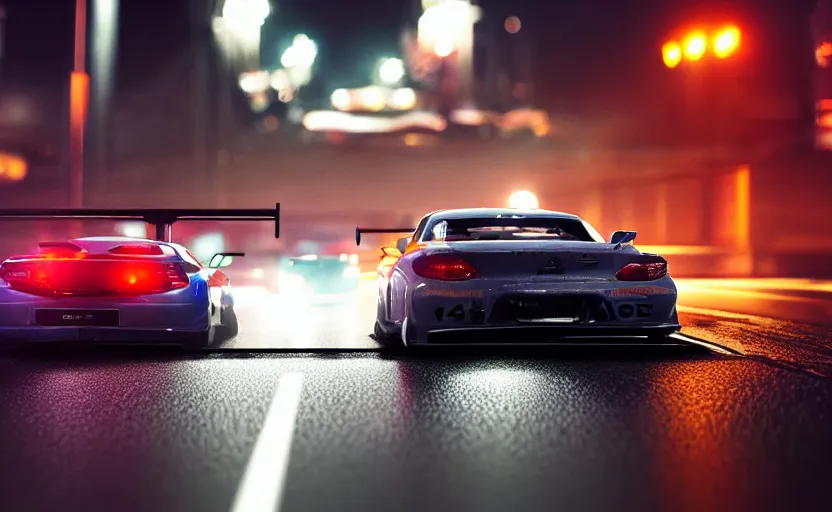 Image similar to photorealistic action photography of street car race on the roads dark, wet, night light fixtures. 8K. detailed. photorealism. artstation. 25mm f/1.7 ASPH Lens. ultra realistic