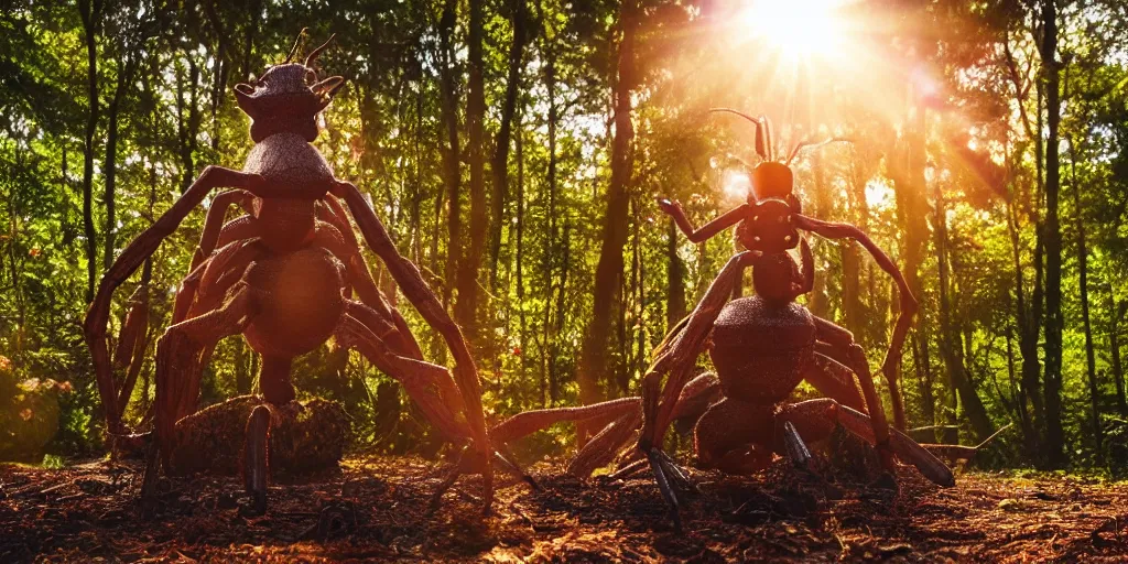 Image similar to a highly detailed giant ant god in the middle of a forest, beautiful ambient light, sun rays hitting the creature, golden hour, 8k photography