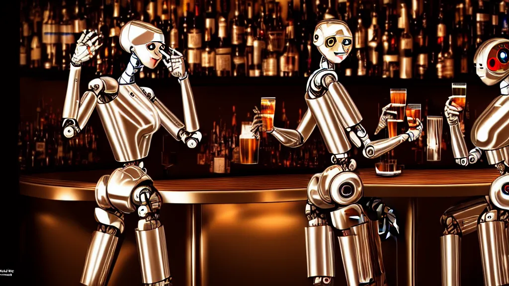 Image similar to robots drinking alcohol, inside a bar, chrome reflection, hyper-realistic, extreme detail, sharp photo, beautiful, cinematic 4K, by Sorayama