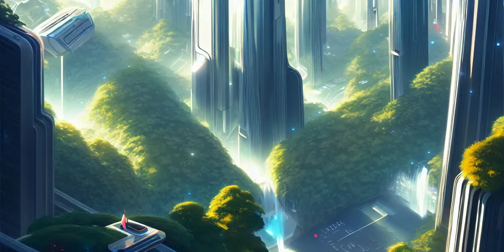 Image similar to futuristic city with tall shiny marble buildings in an evergreen valley, several waterfalls, landscape, global illumination, morning light, radiant light, bird's eye view, by lois van baarle, ilya kuvshinov, rossdraws, tom bagshaw