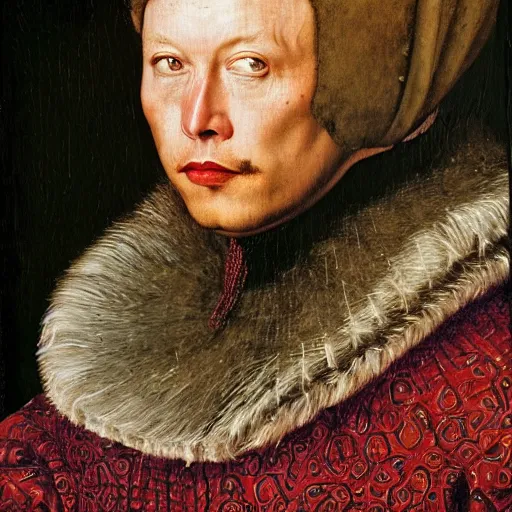 Image similar to portrait of elon musk, oil painting by jan van eyck, northern renaissance art, oil on canvas, wet - on - wet technique, realistic, expressive emotions, intricate textures, illusionistic detail