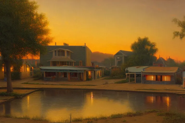 Image similar to a detailed cinematic render of a utopian 1 9 5 0 s american neighborhood at sunset by steven outram, photoreal