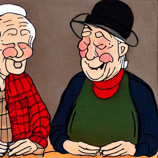 Prompt: an older couple talking to each other drawn by by raymond briggs