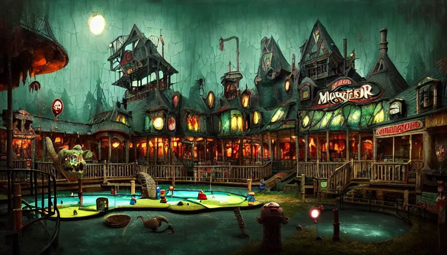 Prompt: michal karcz grunge painting of an amusement park, monster and horror theme. Monster-themed Minigolf and whack-a-mole monster theme, detailed, elegant, intricate, 4k,