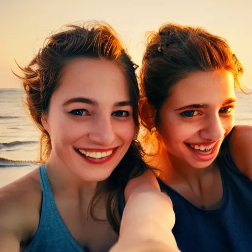 Image similar to beautiful serene intricate portrait of identical twin women, taking a selfie, smiling softly, relaxing on the beach, wearing casual clothes golden hour, soft focus, 8 k, art by irakli nadar, hyperrealism, hyperdetailed, ultra realistic