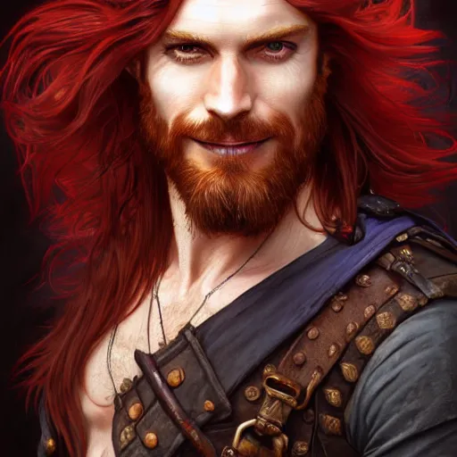 Prompt: portrait of a young ruggedly handsome but joyful pirate, male, masculine, upper body, deep red crimson hair, long hair, d & d, fantasy, roguish smirk, intricate, elegant, highly detailed, digital painting, artstation, concept art, matte, sharp focus, illustration, art by artgerm and greg rutkowski and alphonse mucha