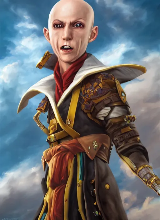 Image similar to An epic fantasy comic book style portrait painting of a skinny white bald sky-pirate with a goofy expression sitting in front of a ship's cannon yu-gi-oh style , unreal 5, DAZ, hyperrealistic, octane render, cosplay, RPG portrait, dynamic lighting