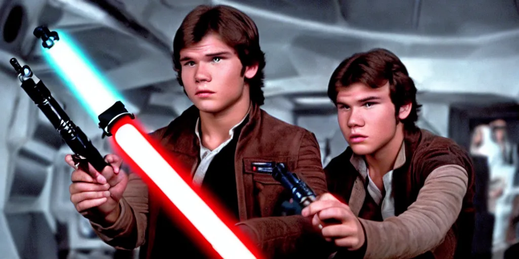 Image similar to a full color still of a teenaged Han Solo holding a lightsaber hilt, cinematic lighting, 1999, directed by Steven Spielberg, 35mm