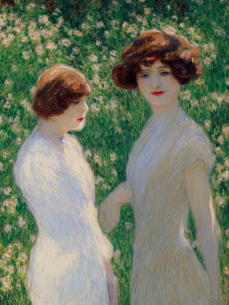 Image similar to portrait of < zelda fitzgerald > as a beautiful young lady wearing 1 9 2 0 s fashion, blurry face, brown hair, slim, fair, severe out of focus, depth of field, pleinairism, in the sun, backlit, closeup, oil on canvas, atr by monet, in the style of le promenade, smooth, impressionnisme, 8 k