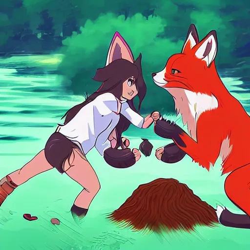 Prompt: a scene of two women with fox ears fighting over a piece of raw meat, detailed anime art
