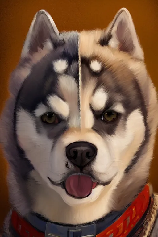 Image similar to a portrait painting of a husky in cowboy costume in the style of anime, character design, a fistful of dollars, per un pugno di dollari, treniding on artstation