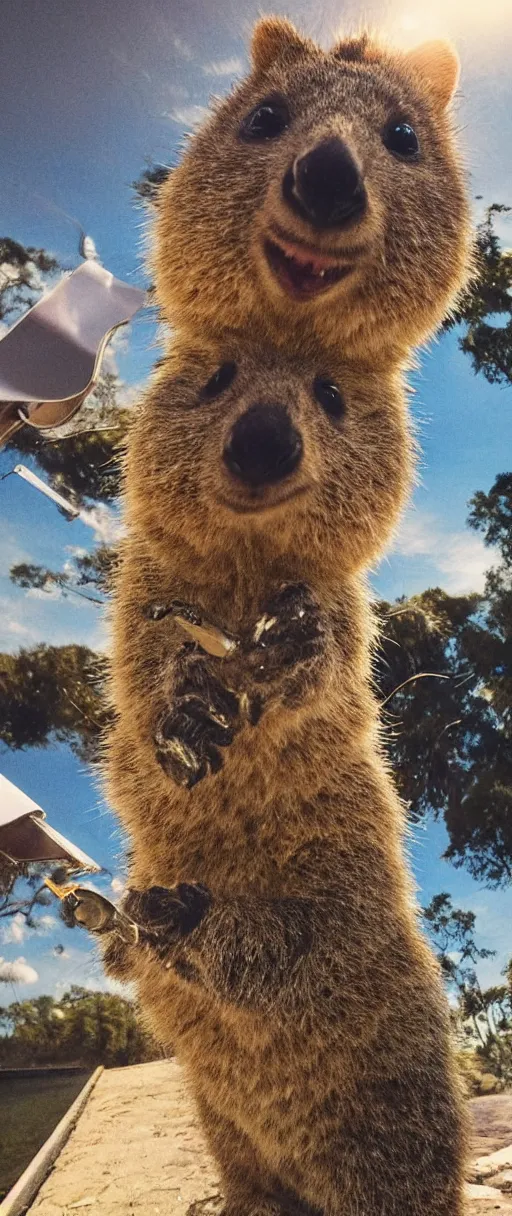 Image similar to happy quokka taking a selfie and smoking a joint, golden hour, ultra realistic