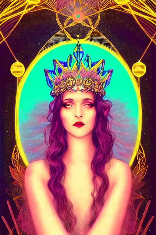 Prompt: ethereal, numinous goddess of solarpunk draped in magic, wearing a glowing crown, crown, offering the viewer a pill, intense stare, highly detailed portrait, minimal, warm colors, art deco, art nouveau, decorative border