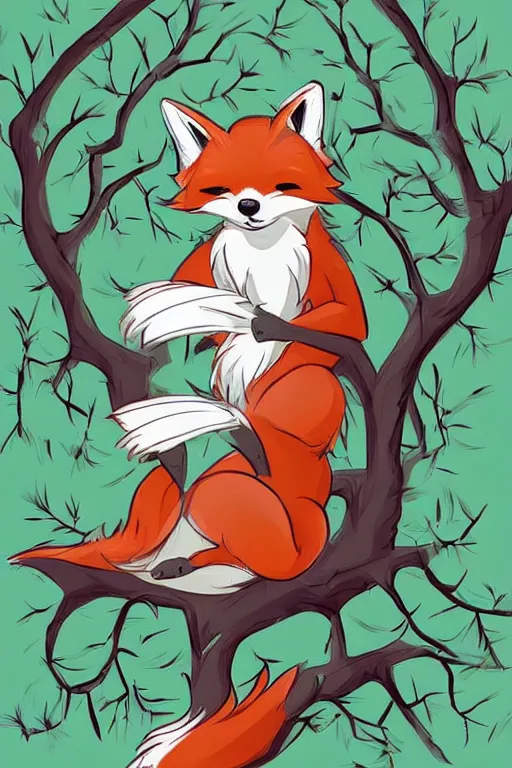 Prompt: a pretty medieval anthropomorphic fox with a fluffy tail sitting on a tree branch in the forest, comic art, trending on furaffinity, cartoon, kawaii, backlighting, furry art!!!, cool shading, concept art