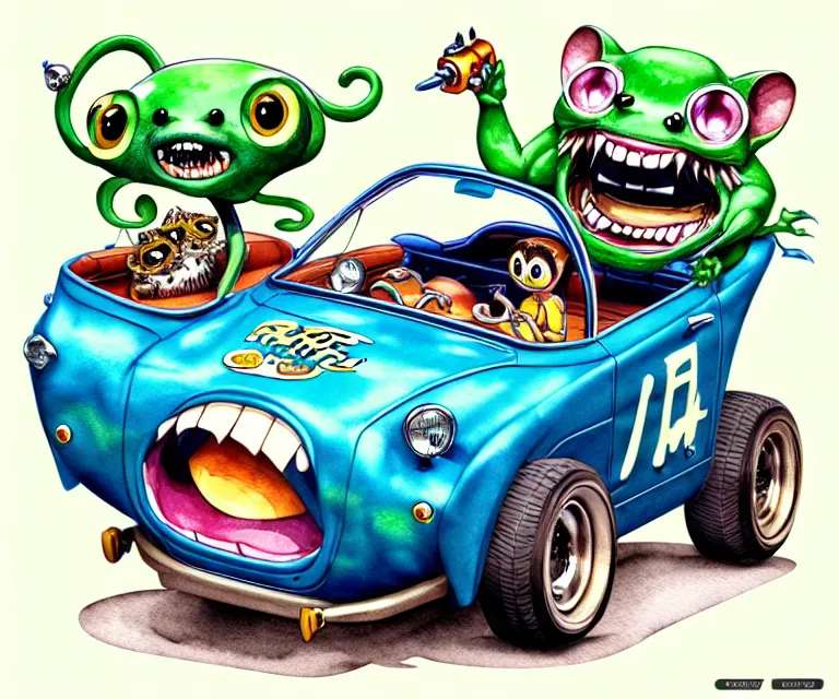 Prompt: cute and funny, margay driving a tiny hot rod with an oversized engine, ratfink style by ed roth, centered award winning watercolor pen illustration, isometric illustration by chihiro iwasaki, edited by craola, tiny details by artgerm and watercolor girl, symmetrically isometrically centered