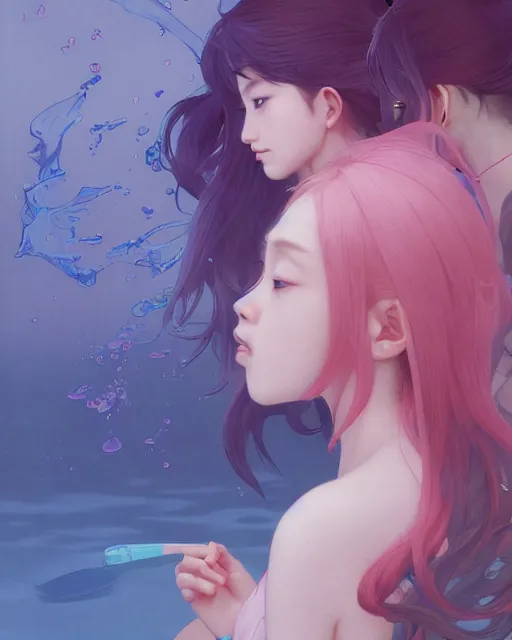 Image similar to Full shot of a beauty portrait anime schoolgirls under dark pink and blue water, intricate abstract. infrared, symmetrical facial features.concept art by D. Jun, by Mo Xiang Tong Xiu, by Igarashi Daisuke and WLOP and Ross Tran and William-Adolphe Bouguereau and Beeple. Key Art. Fantasy Illustration. award winning, Artstation, intricate details, realistic, Hyperdetailed, 8k resolution, 3d