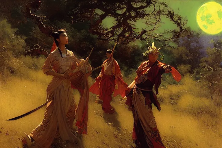 Image similar to wuxia, forest, moonlight, painting by gaston bussiere, craig mullins, j. c. leyendecker