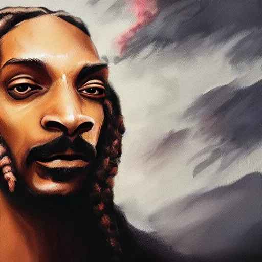 Prompt: colossal snoop dog is smoking the clouds, highly detailed, digital painting, artstation, octane render, matte, sharp focus, impressionist painting