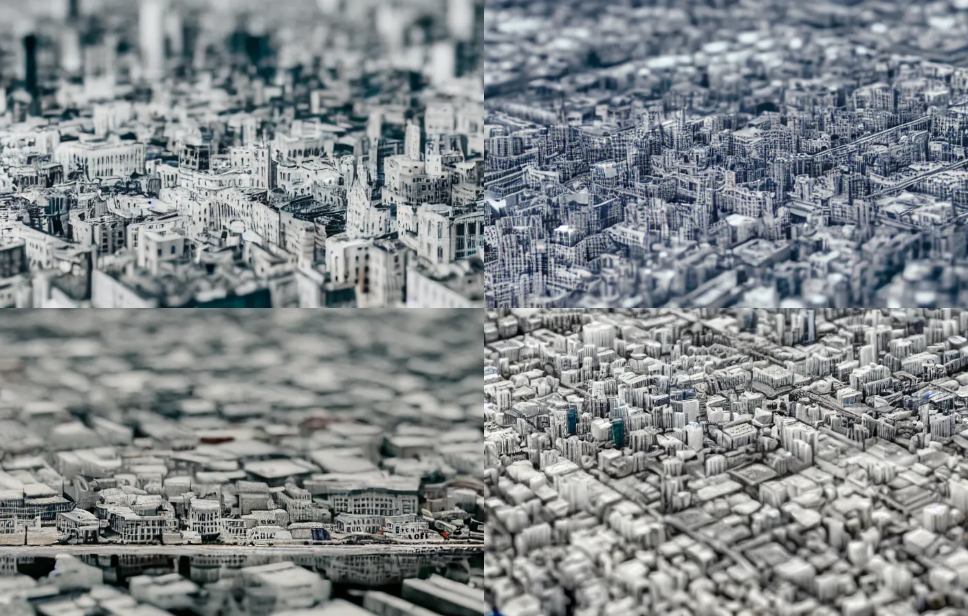 Prompt: A white porcelain city model close up, tilt shift, reflections, Canon TS-E 17mm f/4, pristine quality wallpaper