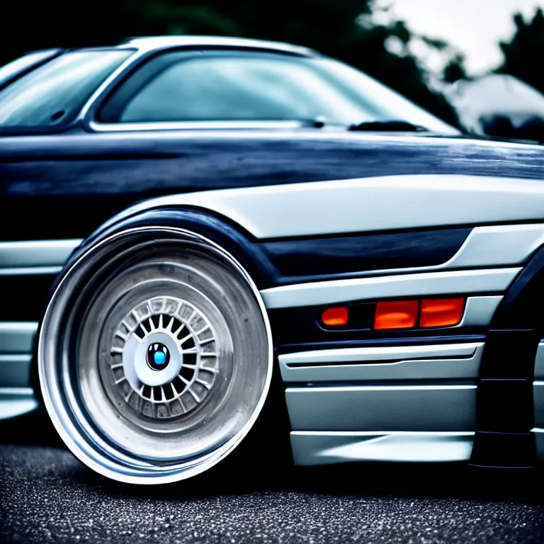 Image similar to close-up-photo BMW E36 illegal meet, cambered wheels, Saitama prefecture, misty midnight, cinematic color, photorealistic, high detailed deep dish wheels, highly detailed, custom headlights, subtle neon underlighting