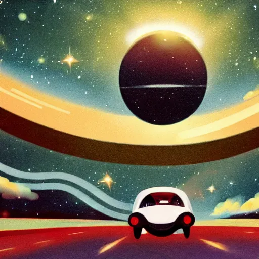 Image similar to 1960s car on a road in space driving towards a planet, trending on art station